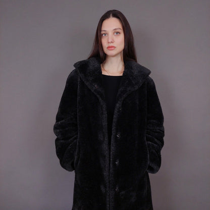VIN-OUTW-33607 Vintage γούνα οικολογική μαύρη με κουκούλα S-M
