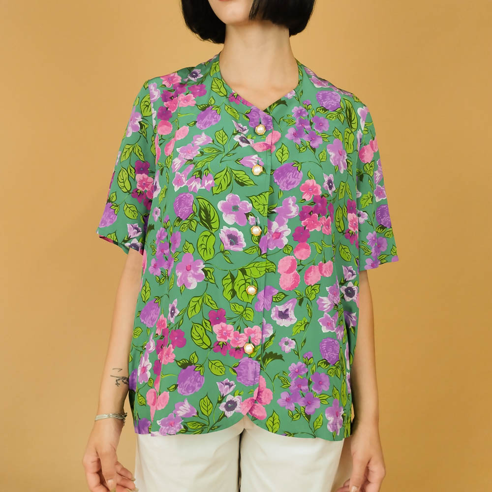 VIN-BLO-27855 Vintage πουκάμισο μεταξωτό floral M-L