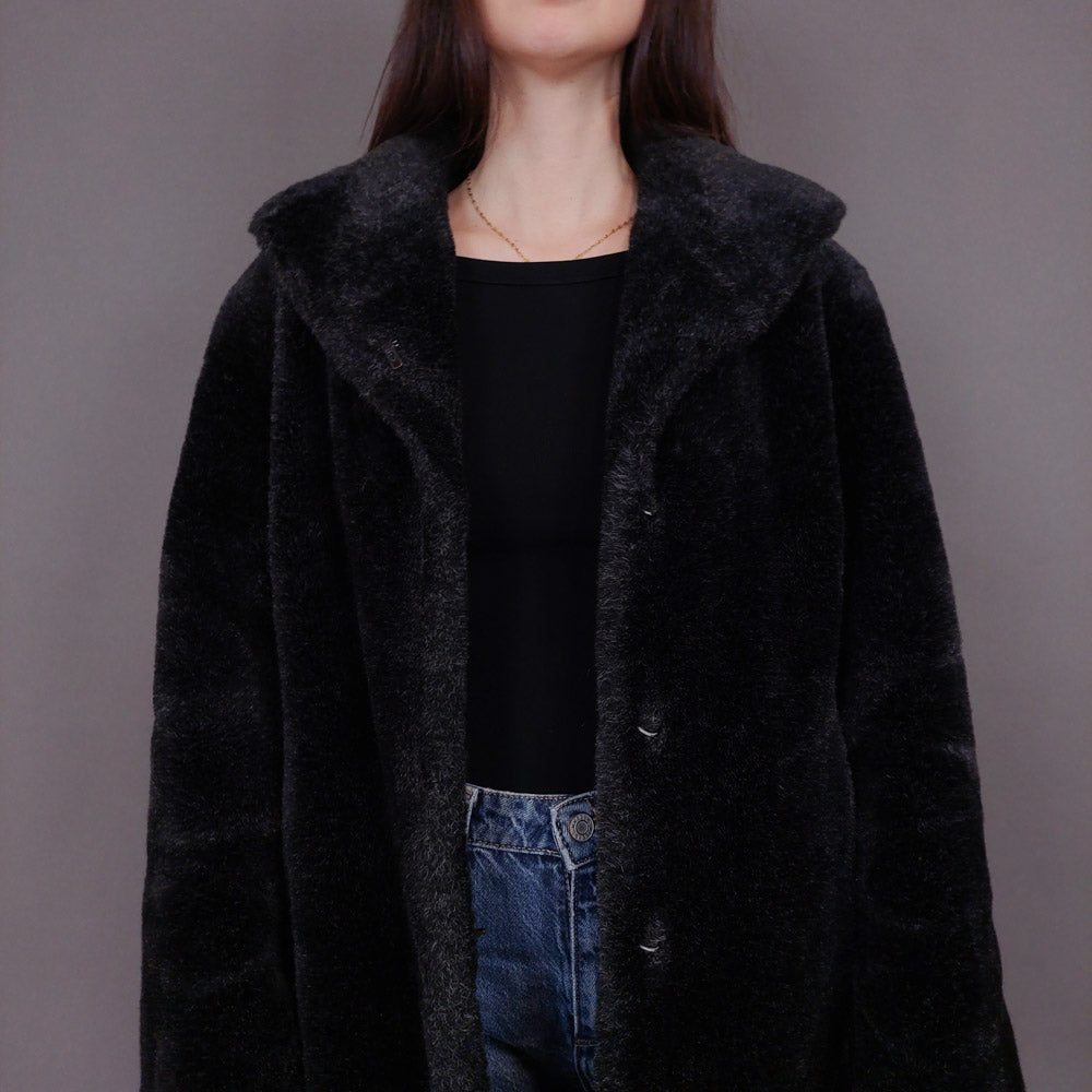 VIN-OUTW-33607 Vintage γούνα οικολογική μαύρη με κουκούλα S-M