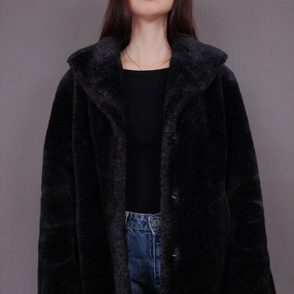 VIN-OUTW-33607 Vintage γούνα οικολογική μαύρη με κουκούλα S-M