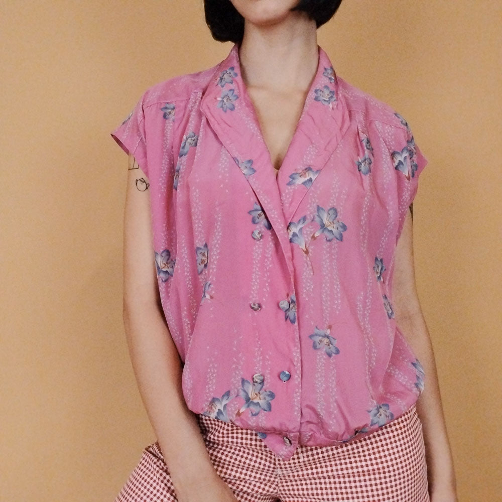 VIN-BLO-27564 Vintage πουκάμισο ροζ με σχέδια Μ-L