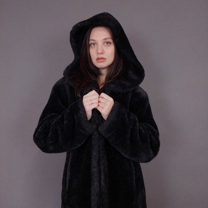 VIN-OUTW-33607 Vintage γούνα οικολογική μαύρη με κουκούλα S-M