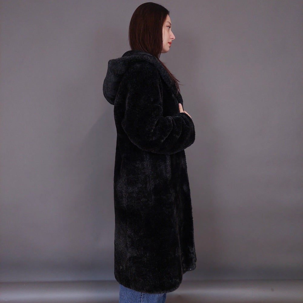 VIN-OUTW-33607 Vintage γούνα οικολογική μαύρη με κουκούλα S-M