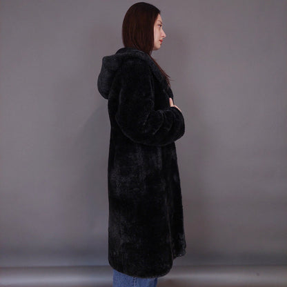 VIN-OUTW-33607 Vintage γούνα οικολογική μαύρη με κουκούλα S-M