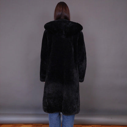 VIN-OUTW-33607 Vintage γούνα οικολογική μαύρη με κουκούλα S-M