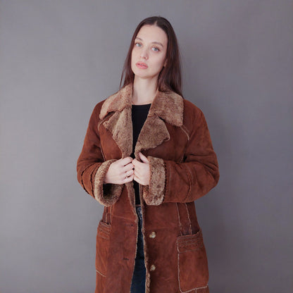 VIN-OUTW-33609 Vintage σουέντ 70's πανωφόρι με γούνα αληθινή M