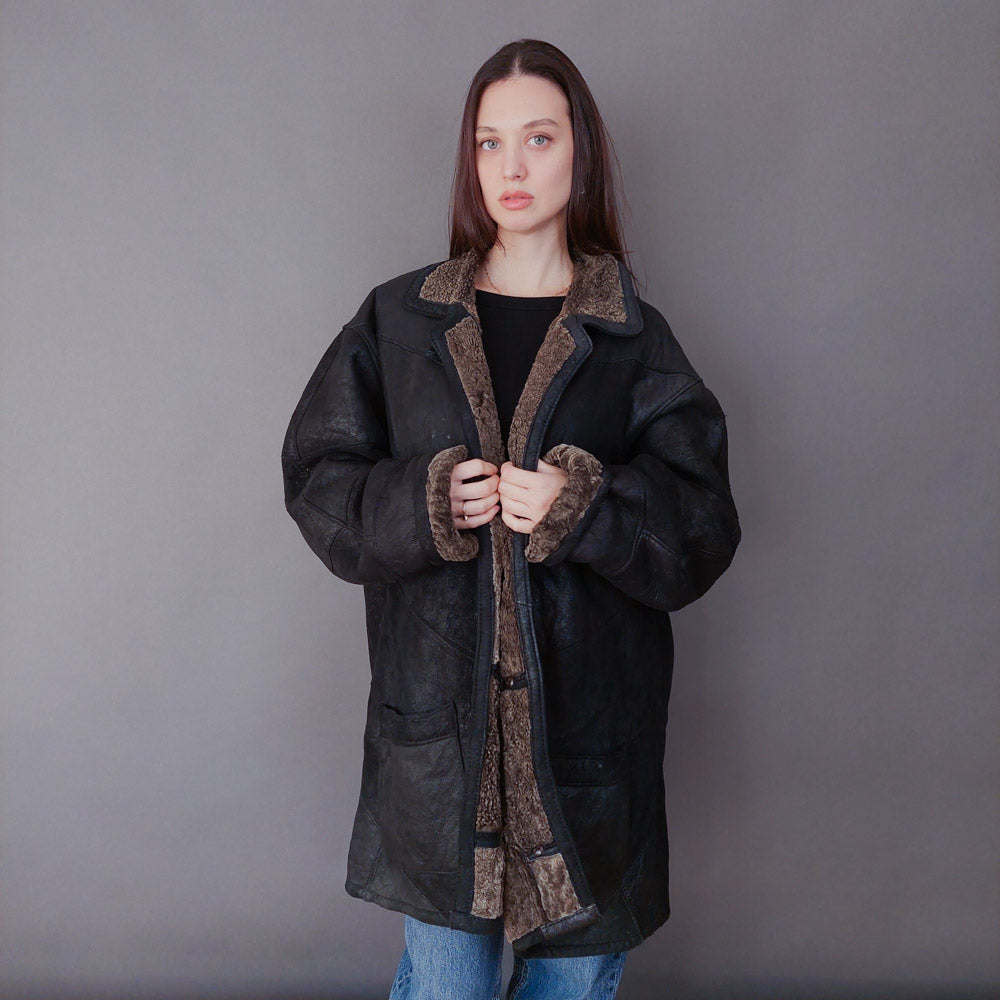 VIN-OUTW-33610 Vintage σουέντ πανωφόρι με γούνα αληθινή XL