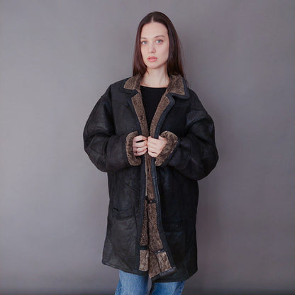 VIN-OUTW-33610 Vintage σουέντ πανωφόρι με γούνα αληθινή XL