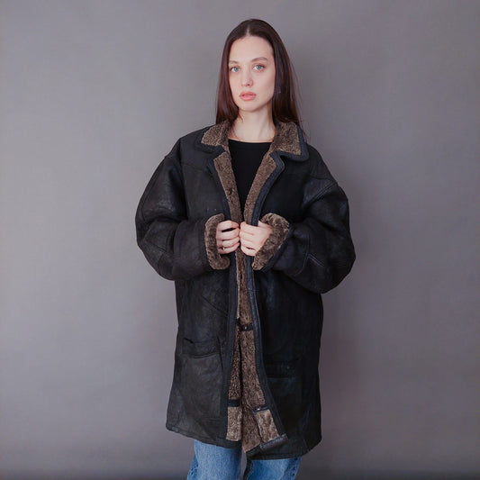 VIN-OUTW-33610 Vintage σουέντ πανωφόρι με γούνα αληθινή XL