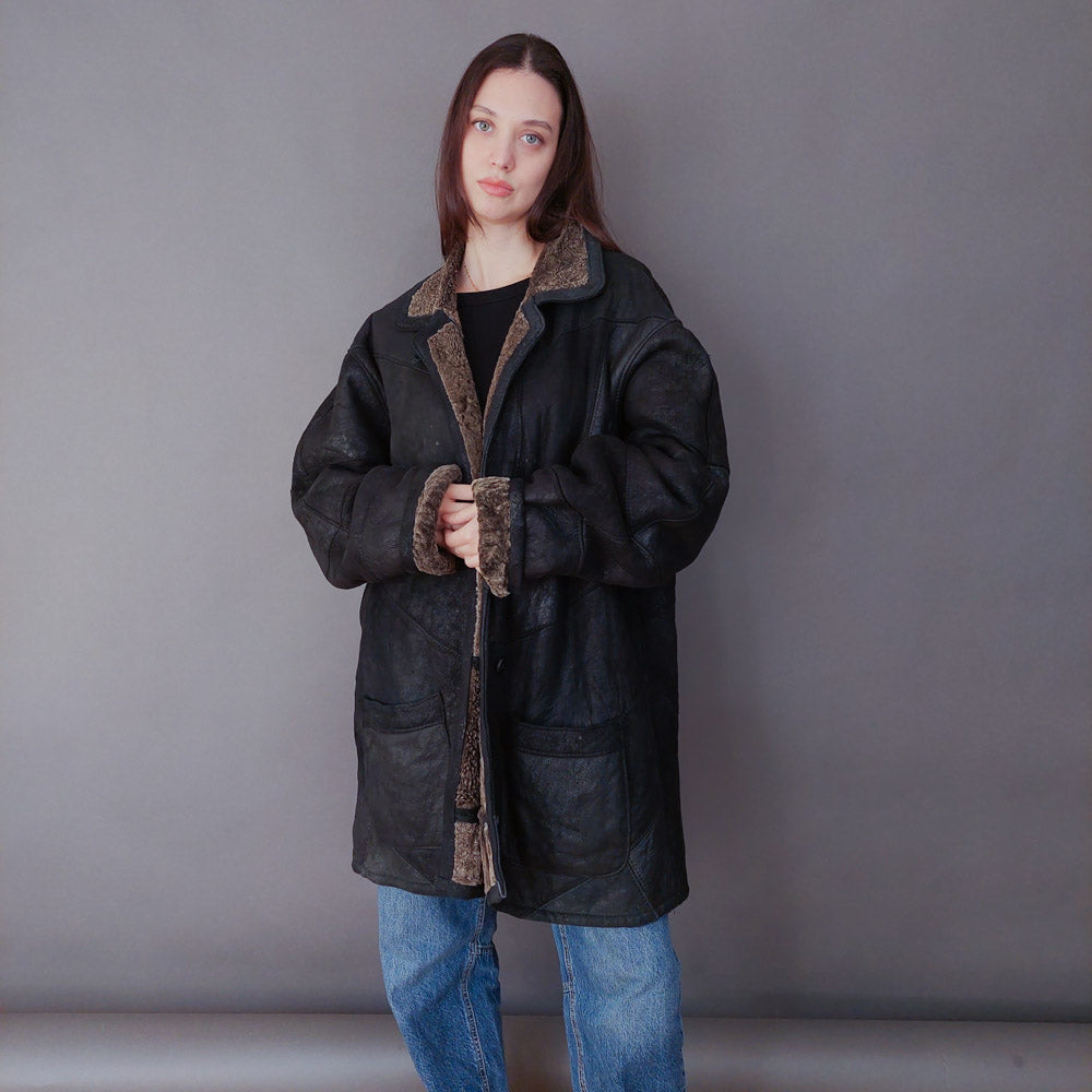 VIN-OUTW-33610 Vintage σουέντ πανωφόρι με γούνα αληθινή XL