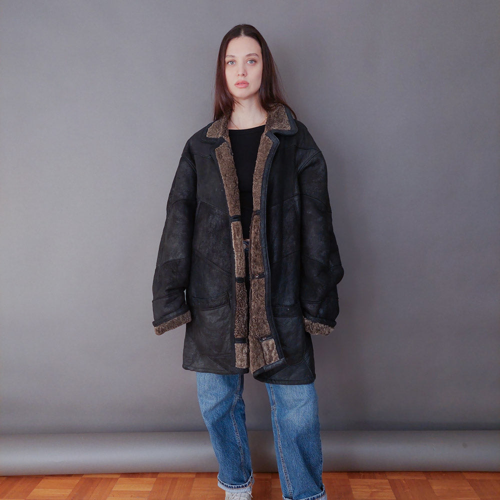 VIN-OUTW-33610 Vintage σουέντ πανωφόρι με γούνα αληθινή XL