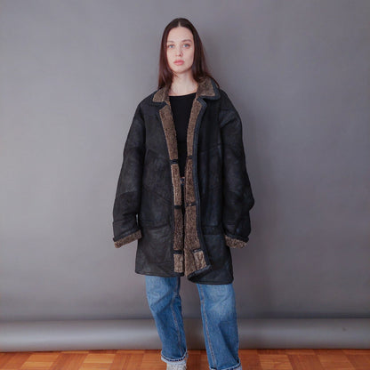 VIN-OUTW-33610 Vintage σουέντ πανωφόρι με γούνα αληθινή XL