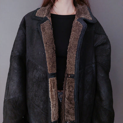 VIN-OUTW-33610 Vintage σουέντ πανωφόρι με γούνα αληθινή XL