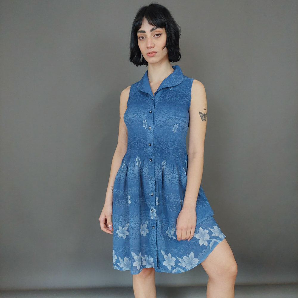 VIN-DR-26717 Vintage φόρεμα αμάνικο μπλε S-M