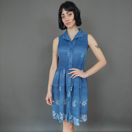 VIN-DR-26700 Vintage φόρεμα αμάνικο μπλε S-M