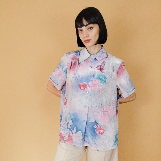 VIN-BLO-27544 Vintage πουκάμισο εμπριμέ ροζ μοβ μπλε Μ-L