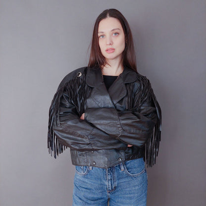 VIN-OUTW-33613 Vintage δερμάτινο jacket με κρόσια made in USA