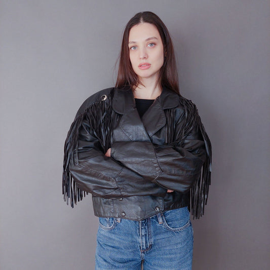 VIN-OUTW-33613 Vintage δερμάτινο jacket με κρόσια made in USA