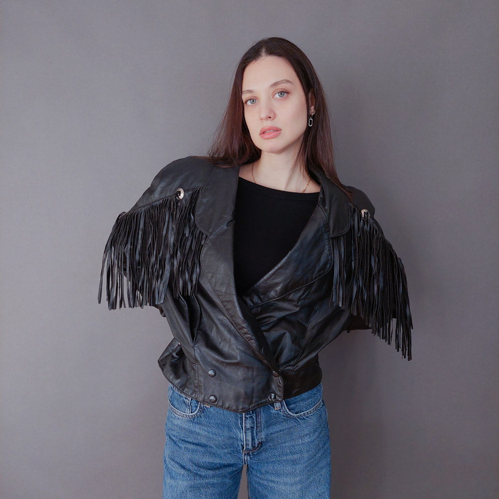 VIN-OUTW-33613 Vintage δερμάτινο jacket με κρόσια made in USA M