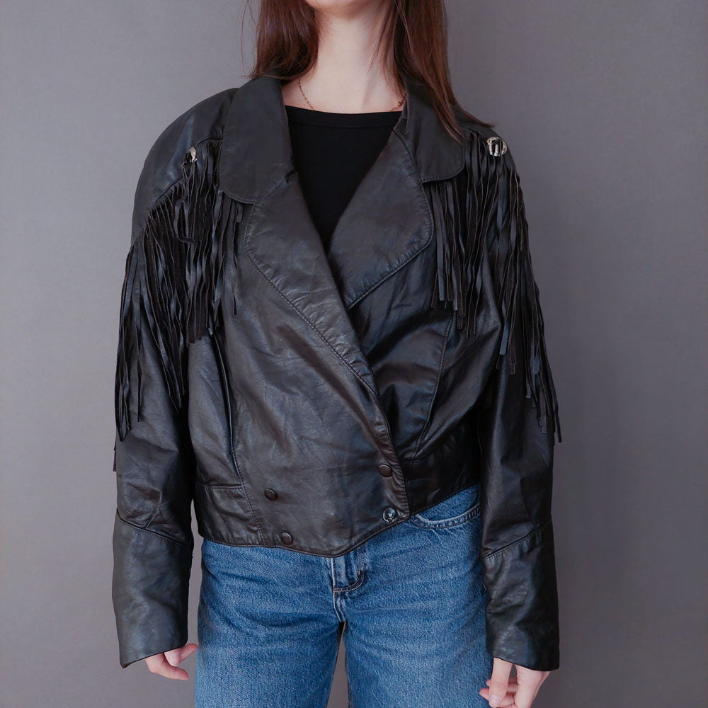 VIN-OUTW-33613 Vintage δερμάτινο jacket με κρόσια made in USA M