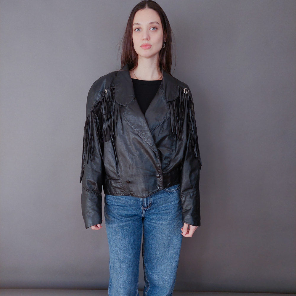 VIN-OUTW-33613 Vintage δερμάτινο jacket με κρόσια made in USA M