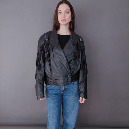 VIN-OUTW-33613 Vintage δερμάτινο jacket με κρόσια made in USA M