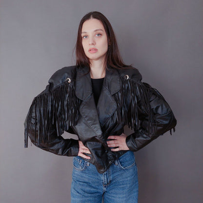 VIN-OUTW-33613 Vintage δερμάτινο jacket με κρόσια made in USA M