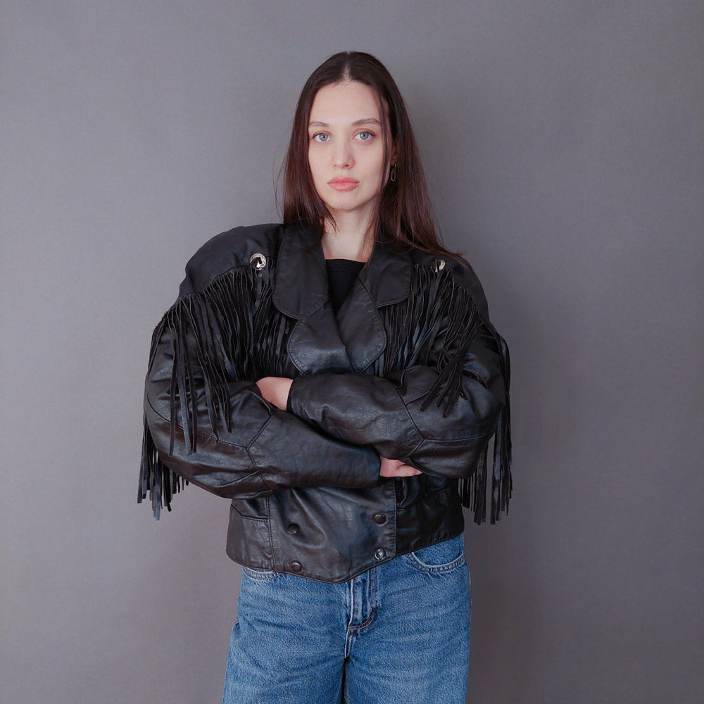 VIN-OUTW-33613 Vintage δερμάτινο jacket με κρόσια made in USA M