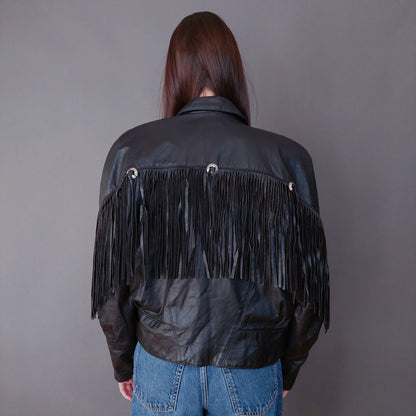 VIN-OUTW-33613 Vintage δερμάτινο jacket με κρόσια made in USA M