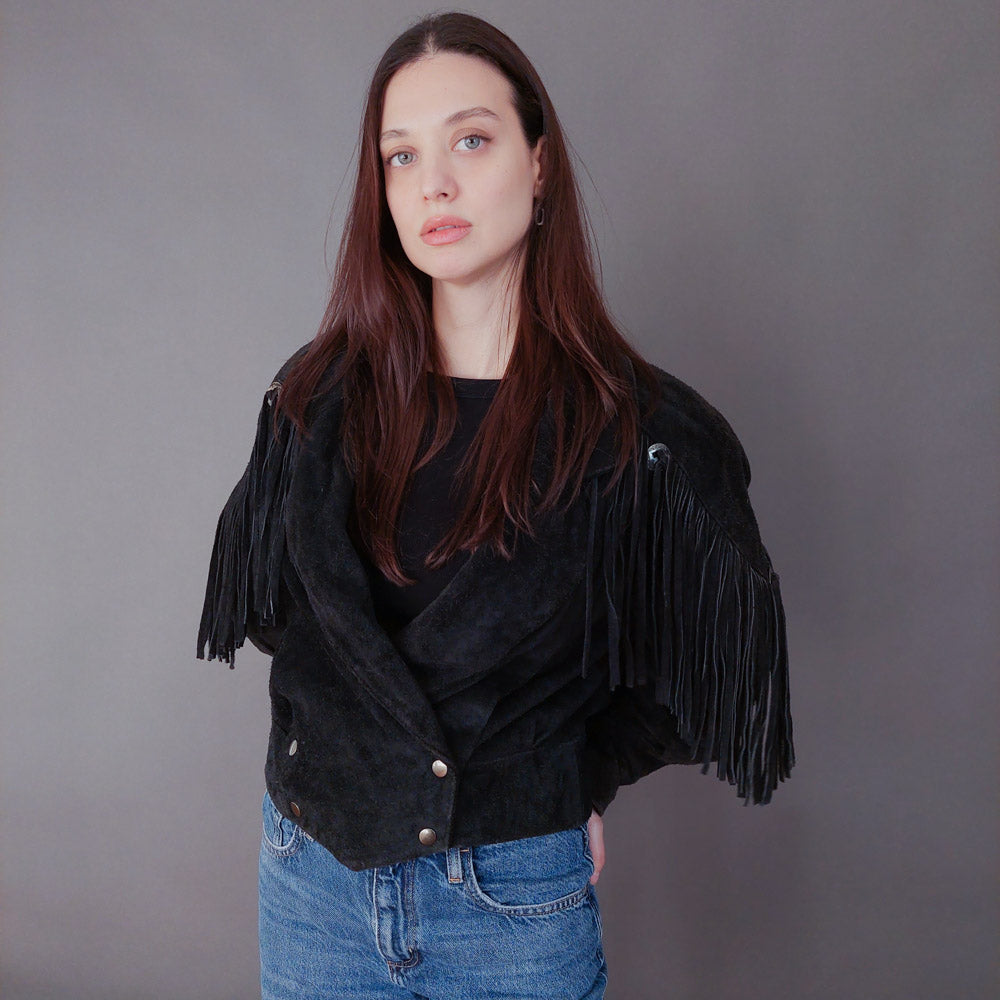 VIN-OUTW-33614 Vintage δερμάτινο suede jacket με κρόσια M