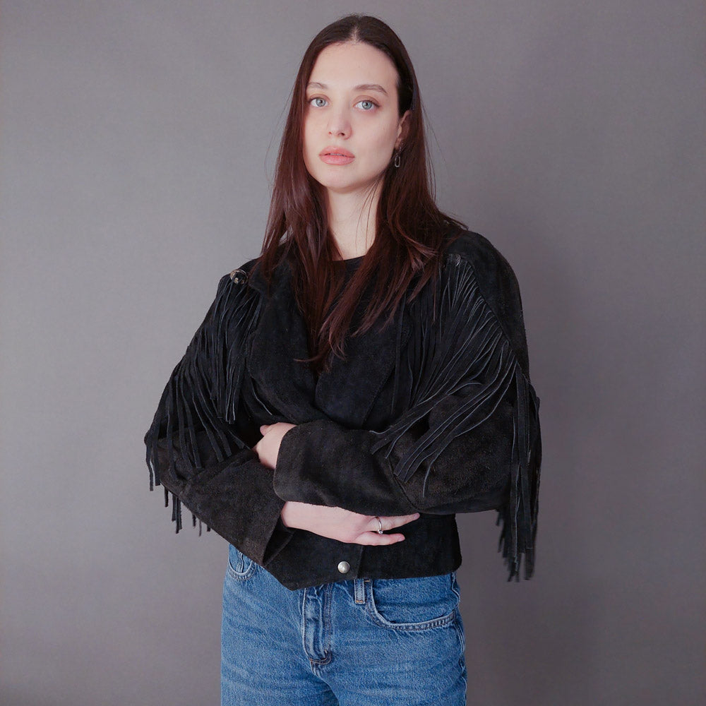 VIN-OUTW-33614 Vintage δερμάτινο suede jacket με κρόσια M