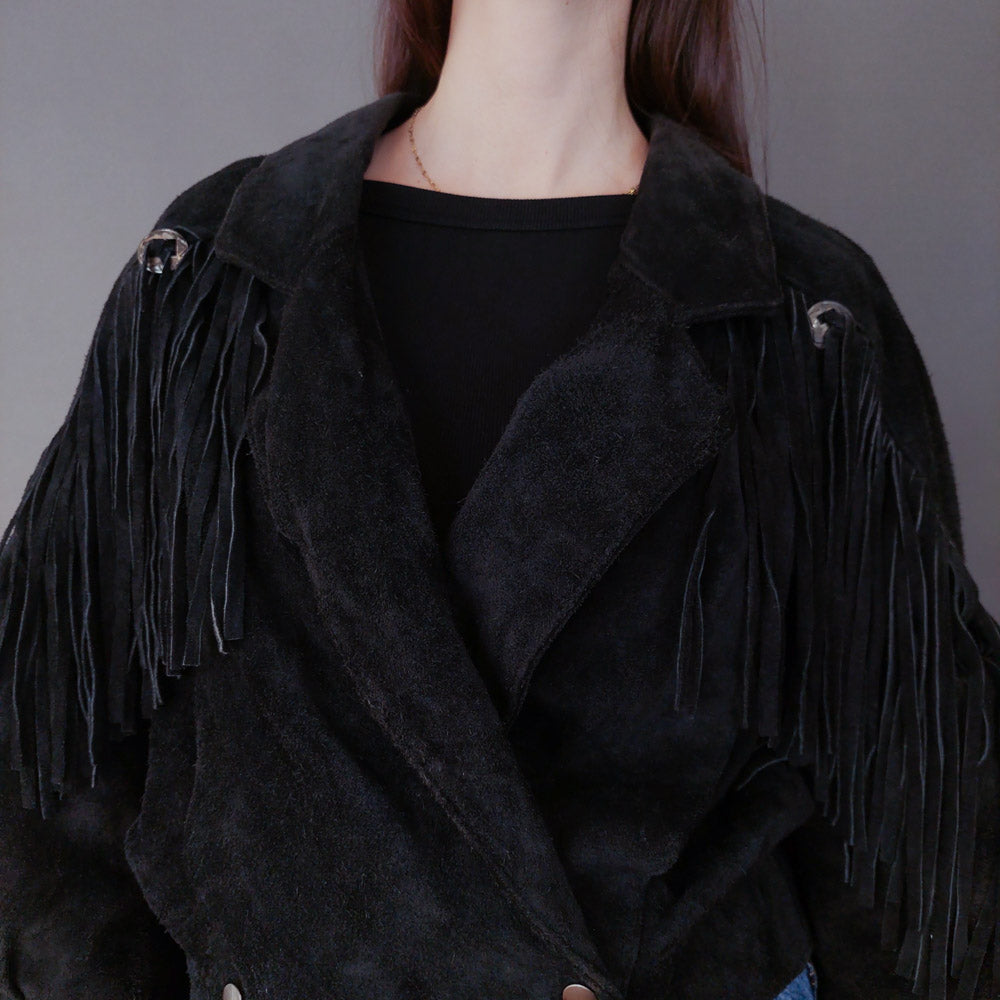 VIN-OUTW-33614 Vintage δερμάτινο suede jacket με κρόσια M