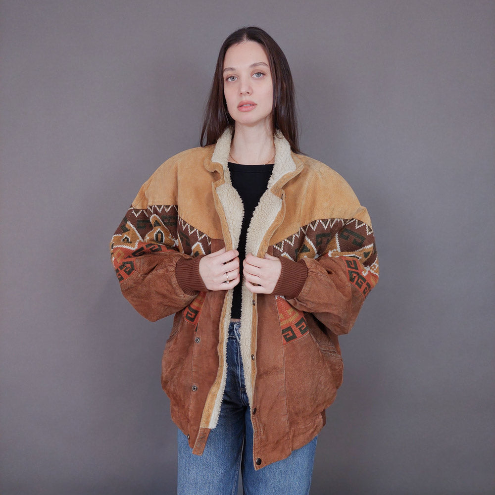 VIN-OUTW-33619 Vintage aztec δερμάτινο jacket με γούνα unisex L