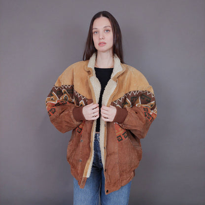 VIN-OUTW-33619 Vintage aztec δερμάτινο jacket με γούνα unisex L