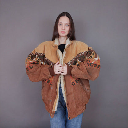 VIN-OUTW-33619 Vintage aztec δερμάτινο jacket με γούνα unisex L