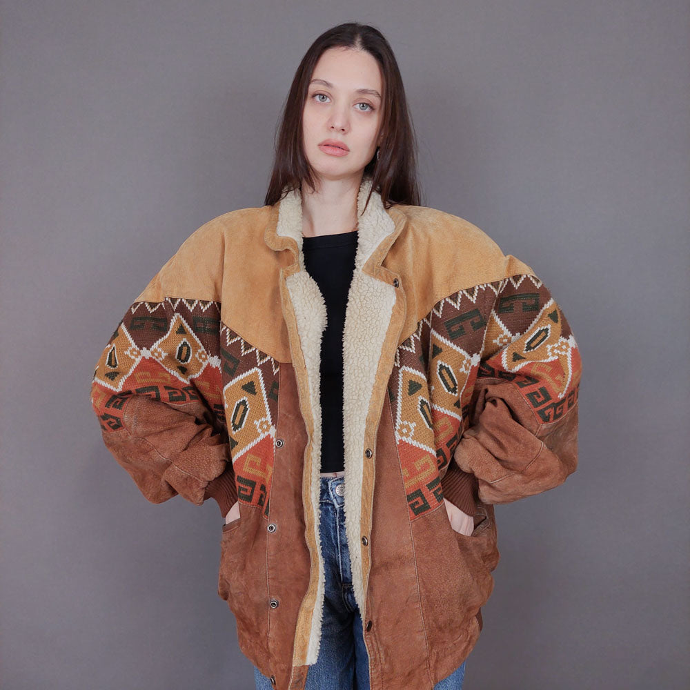 VIN-OUTW-33619 Vintage aztec δερμάτινο jacket με γούνα unisex L