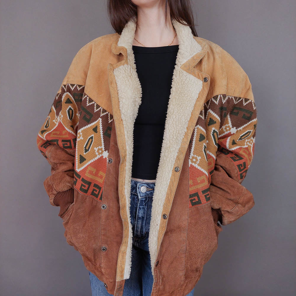 VIN-OUTW-33619 Vintage aztec δερμάτινο jacket με γούνα unisex L