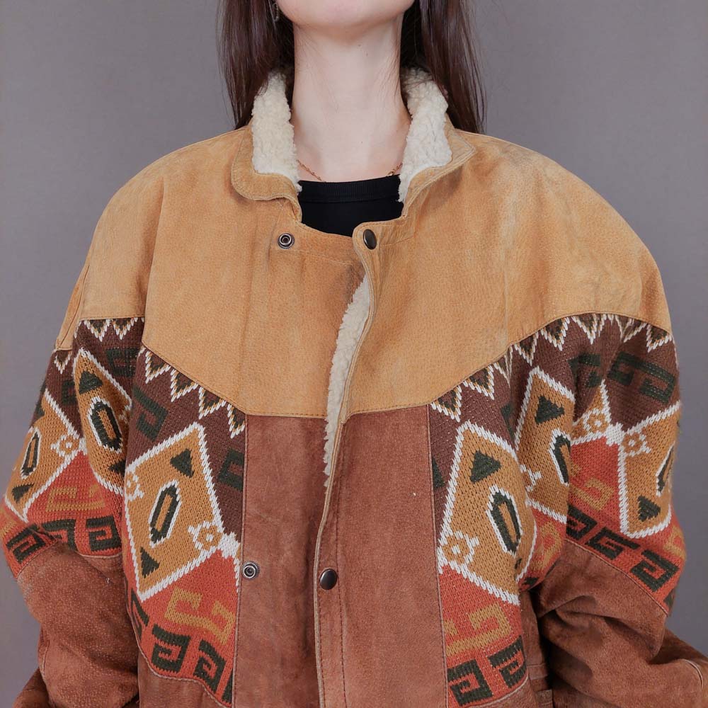 VIN-OUTW-33619 Vintage aztec δερμάτινο jacket με γούνα unisex L