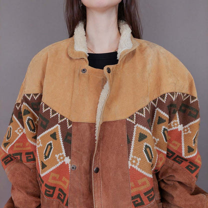 VIN-OUTW-33619 Vintage aztec δερμάτινο jacket με γούνα unisex L