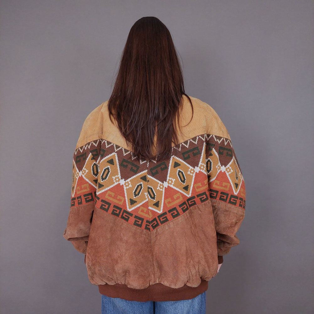 VIN-OUTW-33619 Vintage aztec δερμάτινο jacket με γούνα unisex L