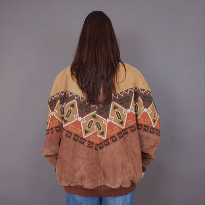 VIN-OUTW-33619 Vintage aztec δερμάτινο jacket με γούνα unisex L