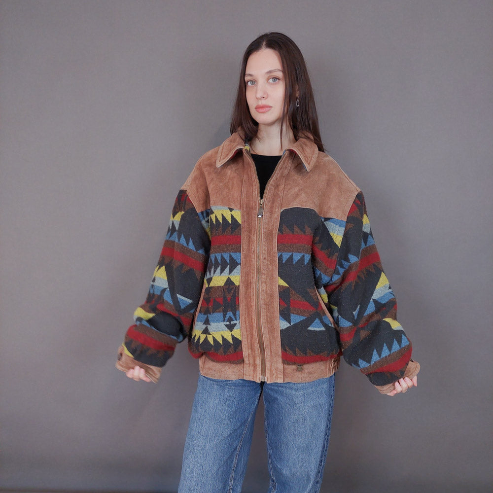 VIN-OUTW-33615 Vintage aztec δερμάτινο jacket unisex L