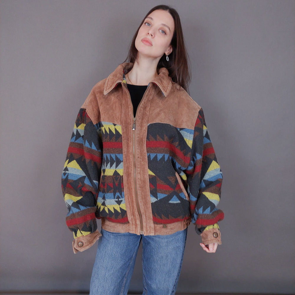 VIN-OUTW-33615 Vintage aztec δερμάτινο jacket unisex L