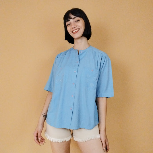 VIN-BLO-27553 Vintage πουκάμισο γαλάζιο με κεντήματα στις τσέπες L