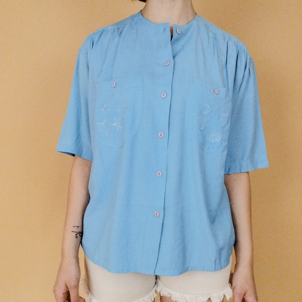 VIN-BLO-27553 Vintage πουκάμισο γαλάζιο με κεντήματα στις τσέπες L