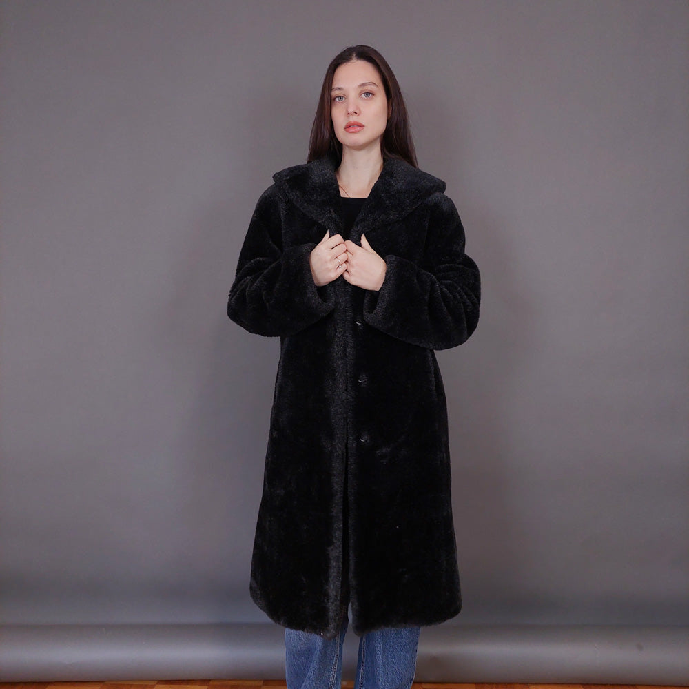 VIN-OUTW-33607 Vintage γούνα οικολογική μαύρη με κουκούλα S-M