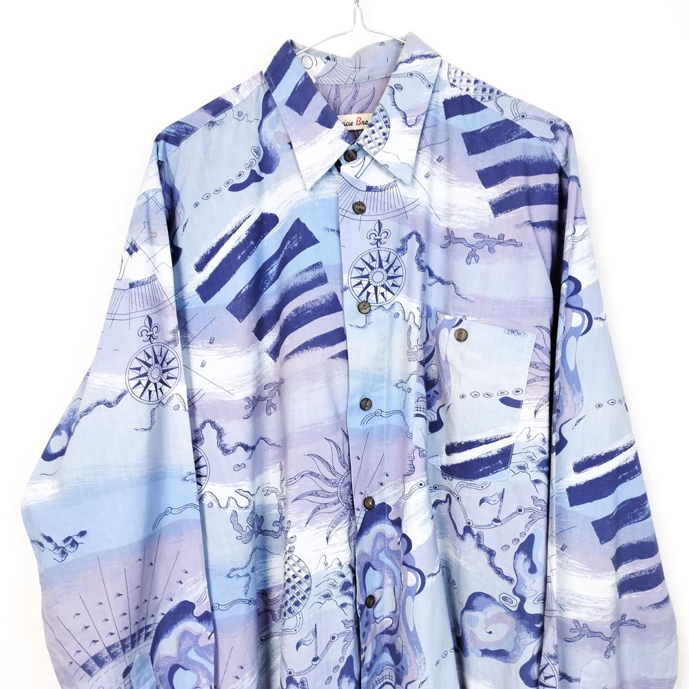 VIN-SHI-26960 Vintage πουκάμισο crazy pattern 90s μοβ γαλάζιο L