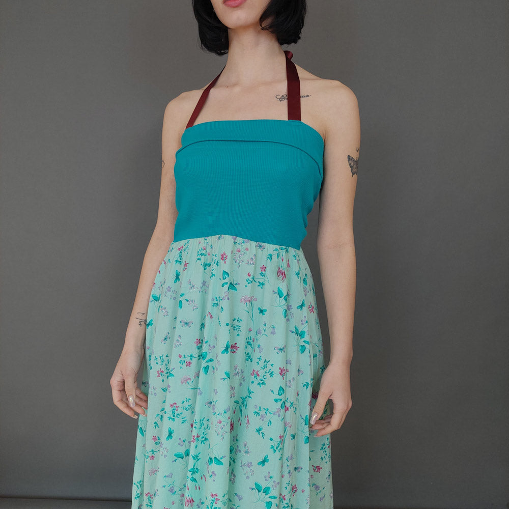 VIN-DR-27076 Vintage φόρεμα floral λαχανί-γαλάζιο M