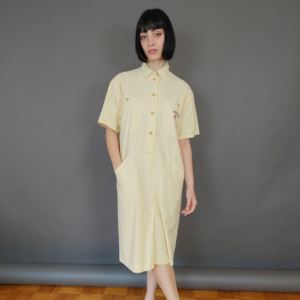VIN-DR-27239 Vintage φόρεμα ριγέ λευκό-κίτρινο S-M