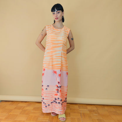 VIN-DR-27817 Vintage φόρεμα αμάνικο maxi summer print M